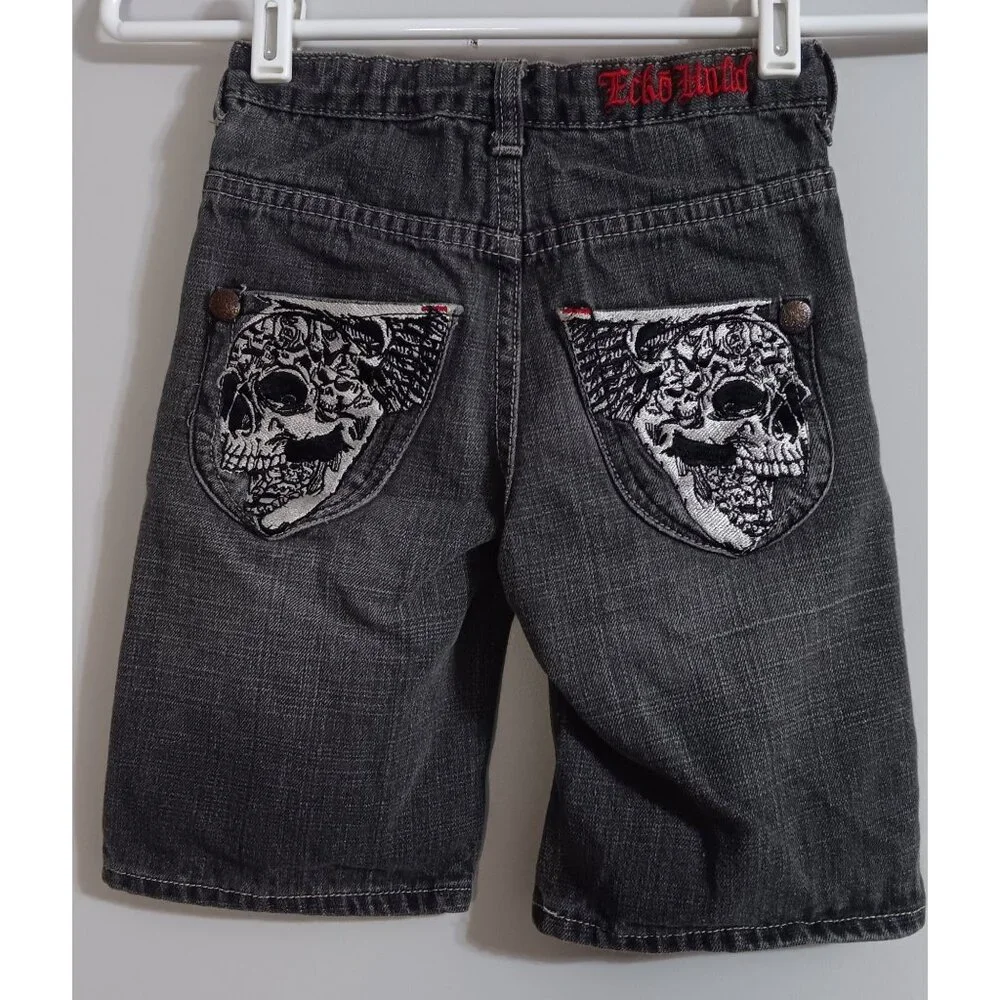 Ecko Unlimited 4 Black Denim Skull Casual Punk Rock Biker Mid Shorts